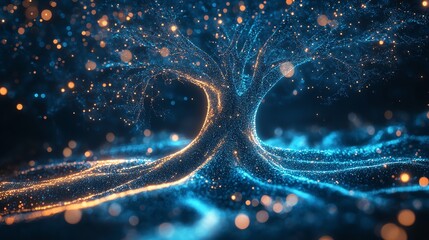 Poster - A glowing tree with vibrant blue and orange lights, symbolizing life and energy.