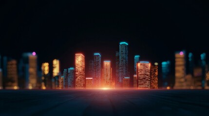 Wall Mural - A vibrant city skyline illuminated with colorful lights against a dark background, evoking a futuristic atmosphere.