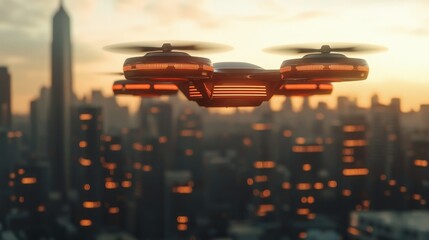 Wall Mural - A futuristic drone hovers over a city skyline at sunset, featuring illuminated details that create a striking contrast against the urban backdrop.