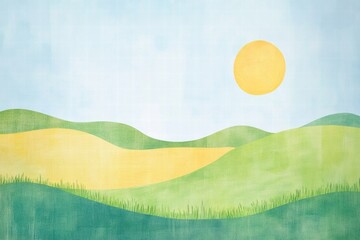Aufkleber - Bright and cheerful naive art style landscape with rolling hills and sun in a serene setting perfect for text placement. Generative AI