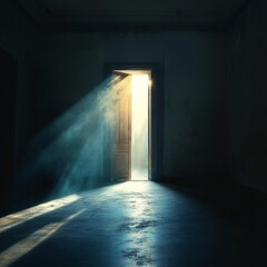 In a dark room, light streams in through an open door symbolizing new possibilities, hope, and overcoming problems, Generative Ai