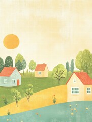 Aufkleber - Vibrant naive art style landscape with serene homes, green trees, and a bright sun setting in the background. Generative AI