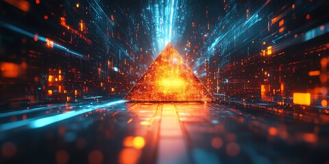 Poster - A glowing pyramid amidst a digital landscape of vibrant lights and data streams.