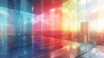 Wall Mural - colorful glass room overlooking cityscape at sunset.
