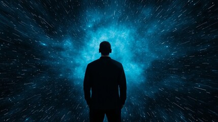 Wall Mural - A silhouette stands against a vibrant cosmic backdrop, evoking themes of exploration, mystery, and the vastness of the universe.