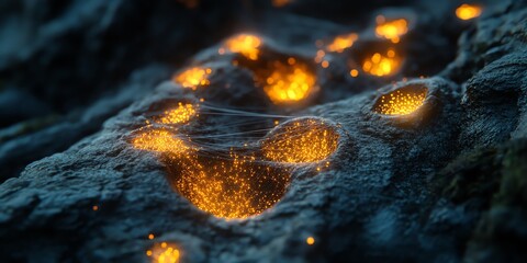 Aufkleber - A close-up of glowing orange particles in rocky textures, suggesting an otherworldly environment.