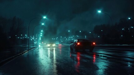 Poster - Bright car lights streak across a rainy night road with reflections illuminating the dark surroundings. Generative AI