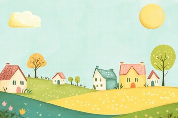 Aufkleber - Charming naive art style scene of colorful houses and nature under a bright sun. Generative AI