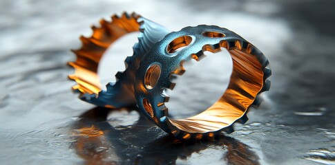 Aufkleber - Two metallic rings with intricate designs resting on a reflective surface.