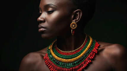 Artistic portrait of an African woman in cultural attire with bright colored ribbon accents on a dark background