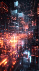 Poster - Abstract digital landscape of glowing cubes and interconnected lines in a futuristic setting.