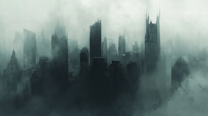 Poster - Dense smog shrouding a sprawling city skyline creates a haunting atmosphere in urban landscape. Generative AI