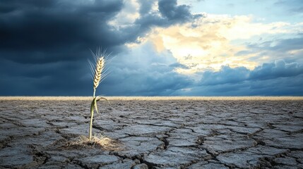 Poster - Barren field with a single stalk of withered wheat under cloudy sky at dusk. Generative AI