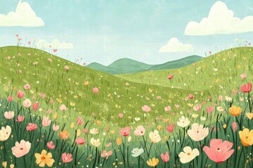 Poster - Vibrant naive art style landscape with flowers and rolling hills offers ample space for creative text and designs. Generative AI