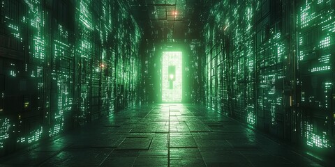 Poster - A futuristic corridor illuminated by green light, leading to a glowing door.