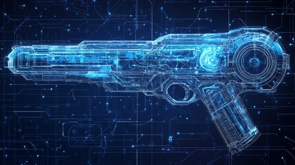 Aufkleber - A futuristic, transparent depiction of a sci-fi gun with a digital background.