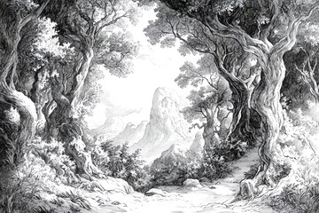 Poster - A detailed black-and-white illustration of a serene forest landscape with a distant mountain.
