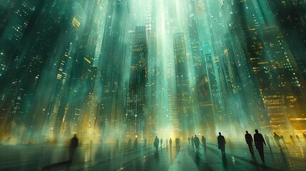 Wall Mural - futuristic city at night, people walking towards a bright light source between tall buildings.
