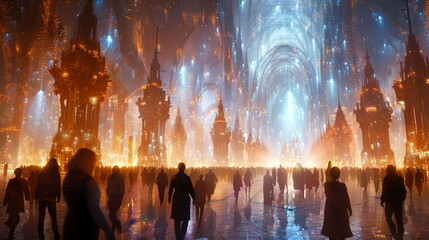 Wall Mural - futuristic city glowing at night, crowd walking.