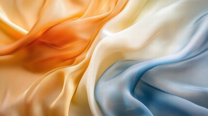 Aufkleber - Luxurious silk fabric in vibrant shades of orange, yellow, and blue with ample space for text and creative design possibilities. Generative AI