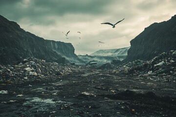 Poster - Seagulls soar above a vast landfill with large piles of waste on an overcast day in a desolate landscape. Generative AI