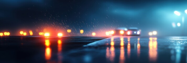 Poster - Bright streaks of car lights illuminate a rainy night road with space available for additional text. Generative AI