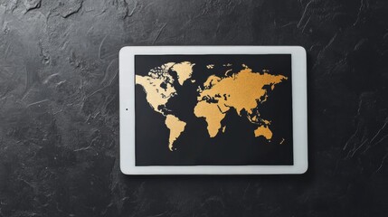 Poster - Explore the world with a modern tablet displaying a detailed gold world map set on a sleek dark background. Generative AI