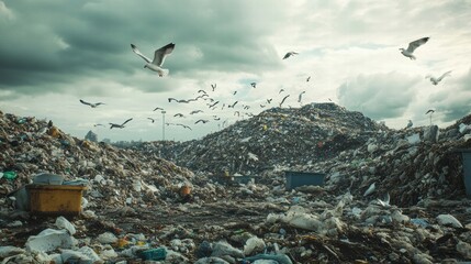 Poster - Seagulls soaring above a massive landfill during a cloudy day with empty space for text. Generative AI