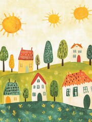 Aufkleber - Colorful naive art style landscape background with houses and sun creating a cheerful atmosphere for text inclusion and mock up. Generative AI
