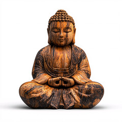 serene wooden Buddha statue in meditation pose, symbolizing peace and spirituality. This intricately carved figure embodies tranquility and mindfulness