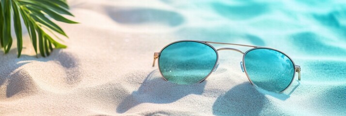 Aufkleber - Bright sunlight reflects off stylish sunglasses resting on soft sandy beach with space for text. Generative AI