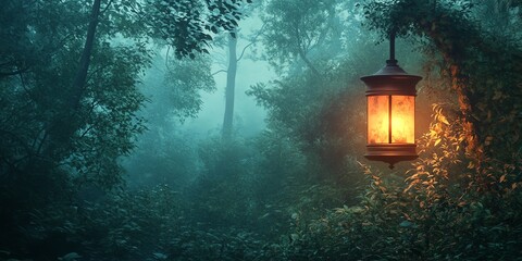 Poster - A glowing lantern illuminates a misty forest, creating a serene and mysterious atmosphere.