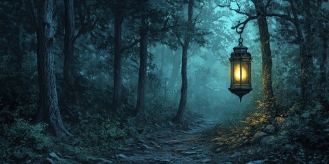 Poster - A serene forest path illuminated by a hanging lantern amidst dense trees.