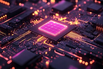 Aufkleber - A close-up view of a digital circuit board with glowing components and a central processor.