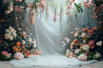 Wall Mural - Maternity backdrop- wedding backdrop- photography background with delicate flowers