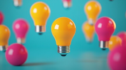 Poster - Yellow and pink light bulbs floating on blue background representing brainstorming session