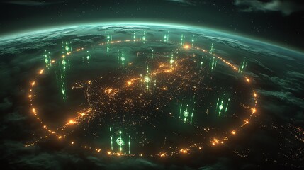 Poster - A futuristic cityscape illuminated with glowing structures and a digital atmosphere.