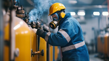 Wall Mural - A worker in protective gear operates machinery with yellow tanks, releasing smoke in an industrial setting.