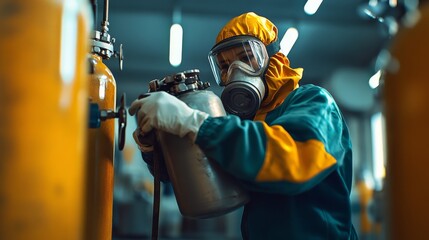 Wall Mural - A worker in protective gear operates equipment in a factory setting, ensuring safety and precision during a task.