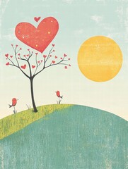 Leinwandbilder - Whimsical Valentines Day artwork featuring a heart tree and cheerful birds against a sunny backdrop. Generative AI