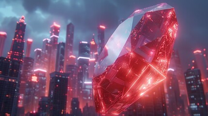 Wall Mural - glowing red crystal above futuristic city skyline at night.