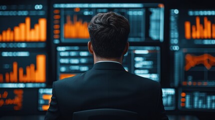 Poster - Businessman analyzing growth charts on multiple screens in futuristic workspace
