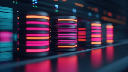 Poster - Futuristic server rack glowing with pink and orange lights in data center