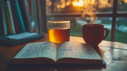 Poster - Tranquil Study Space with Open Textbook and Steaming Tea in Warm Evening Light