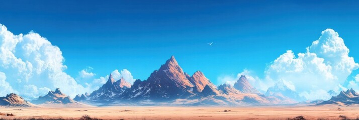Poster - Majestic mountain peaks under a clear blue sky with ample copy space for text display. Generative AI