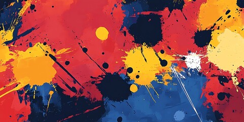 Poster - A vibrant abstract artwork with splashes of red, yellow, blue, and black paint.