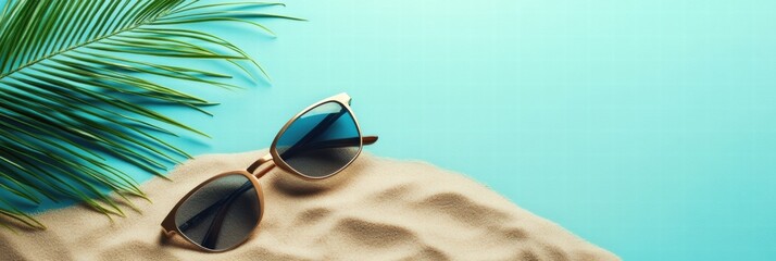 Poster - Sunglasses resting on sandy beach with tropical foliage and clear sky backdrop for creative mock up space. Generative AI