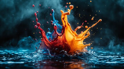 Poster - A vibrant splash of colorful paint creating dynamic patterns in water.
