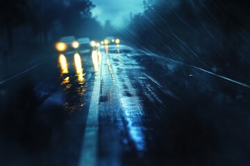 Aufkleber - Bright streaks of car lights on wet night road with dark surroundings and ample space for text display. Generative AI