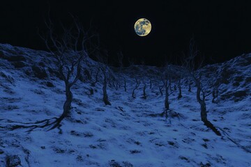 Wall Mural - A gothic frozen forest under a full moon, with dark, twisted branches and eerie blue light reflecting off the ice